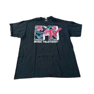 MTV Music Television Black T-Shirt Size XL Flower Graphic Printed